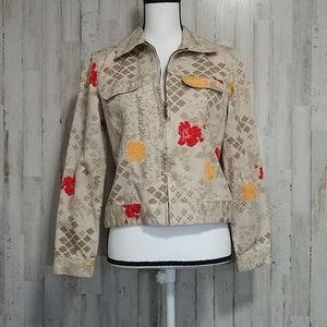 Geoffrey Beene Tan Floral Zip Jean Jacket